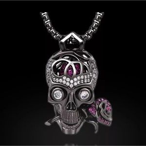 Black titanium and purple crystal skull rose goth punk pendant necklace new